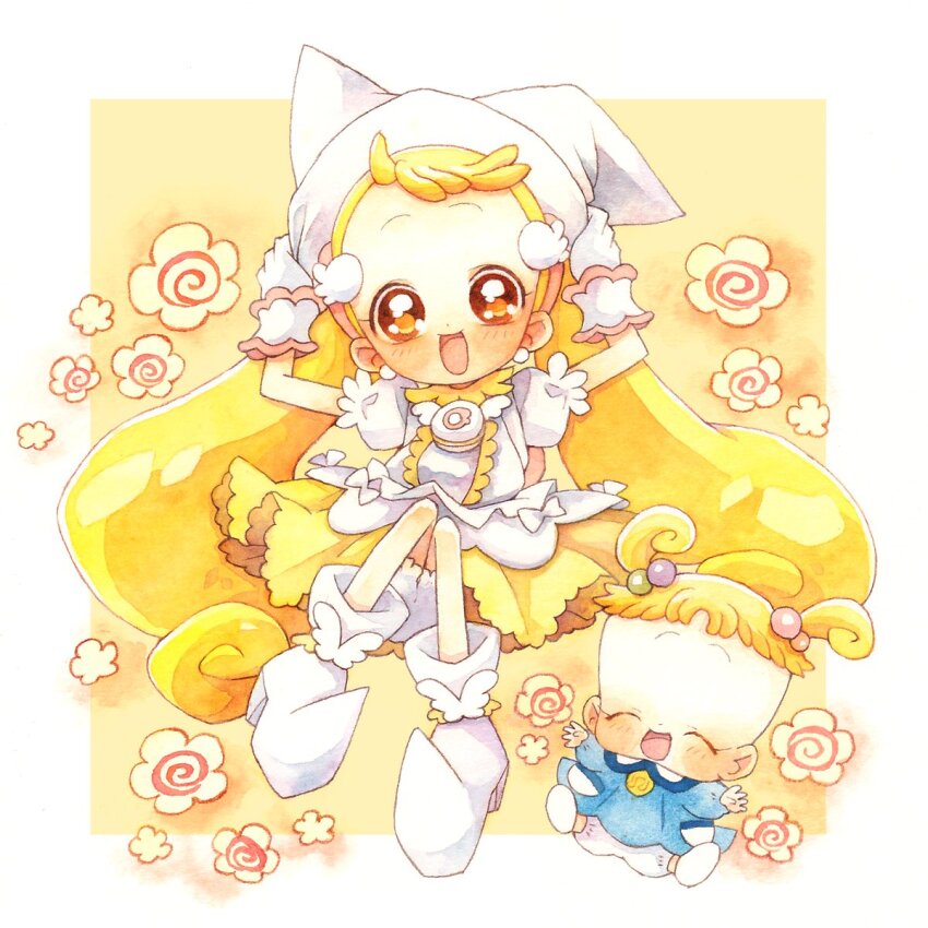 baby blonde_hair blush boots brown_eyes dress earrings full_body gloves hair_bobbles hair_ornament hanamaru hat highres holding holding_unworn_clothes holding_unworn_hat jewelry long_hair looking_at_viewer magical_girl makihatayama_hana momiji_(lucario) ojamajo_doremi open_mouth painting_(medium) pointy_footwear short_hair sitting smile traditional_media twintails two_side_up unworn_hat unworn_headwear watercolor_(medium) white_gloves wing_hair_ornament