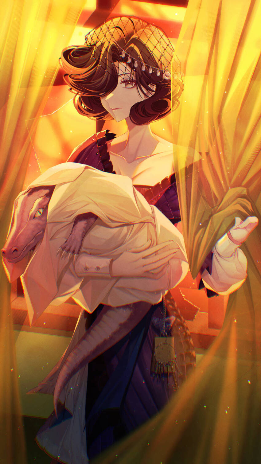 1girl animal black_hair blanket closed_mouth collarbone crocodilian curtain_grab curtains dress fishnet_veil hair_over_one_eye hands_up highres holding holding_animal holding_blanket long_sleeves looking_at_viewer one_eye_covered orange_theme purple_dress purple_eyes reverse:1999 short_hair sieka_(piiroinardesco) solo swaddled tuesday_(reverse:1999) upper_body window