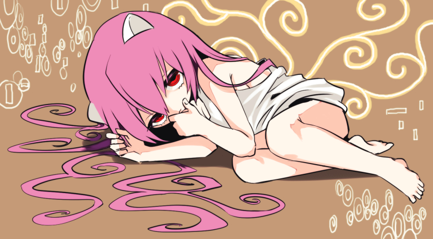 1girl barefoot bottomless breasts brown_background closed_mouth commentary_request elfen_lied eyelashes hair_spread_out horns long_hair lucy_(elfen_lied) lying mobukuso on_side pink_hair red_eyes ringed_eyes shirt sideboob solo white_shirt