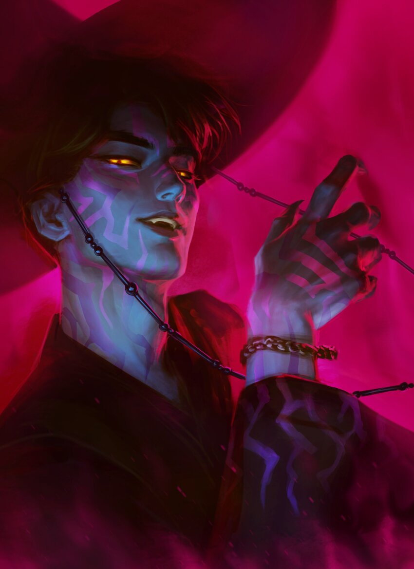 1boy adam&#039;s_apple black_hair black_hanbok body_markings bracelet demon_boy evil_smile fangs fingernails gat_(hat) gatkkeun hanbok hat highres jewelry jinu_(kpop_demon_hunters) korean_clothes korean_traditional_hat kpop_demon_hunters long_fingernails looking_at_viewer male_focus nose open_mouth orange_pupils palson short_hair slit_pupils smile solo teeth upper_body upper_teeth_only yellow_eyes