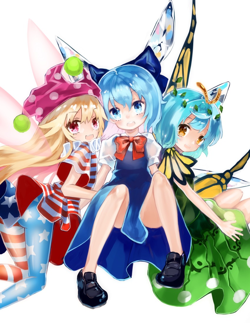 3girls absurdres american_flag_dress american_flag_legwear antennae bare_legs black_footwear blonde_hair blue_dress blue_eyes blue_hair bow brown_eyes butterfly_wings cirno clownpiece commentary_request dress eternity_larva fairy_wings green_dress hat head_tilt highres ice ice_wings insect_wings jester_cap leaf leaf_on_head long_hair looking_at_viewer multiple_girls neck_ruff open_mouth pantyhose pink_hat polka_dot puffy_short_sleeves puffy_sleeves shoes short_hair short_sleeves simple_background sitting smile syukou touhou very_long_hair white_background wings