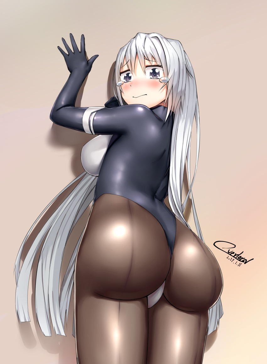 1girl absurdres against_wall ass blue_eyes blush bodysuit breasts embarrassed female_focus from_behind gloves highres horizon_ariadust kyoukaisenjou_no_horizon long_hair looking_at_viewer medium_breasts overlord_(overlord80000) pantyhose shiny_clothes sideboob silver_hair solo teardrop tears very_long_hair