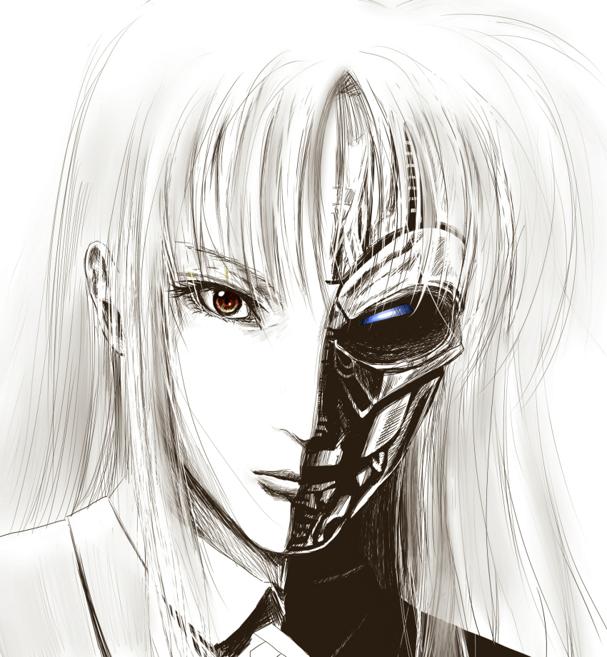 1girl bad_id bad_pixiv_id blue_eyes cyborg fate_testarossa female_focus heterochromia highres kohinore long_hair lyrical_nanoha mahou_shoujo_lyrical_nanoha mahou_shoujo_lyrical_nanoha_strikers mechabare parody red_eyes sketch solo t-x terminator_(series) terminator_3:_rise_of_the_machines the_terminator