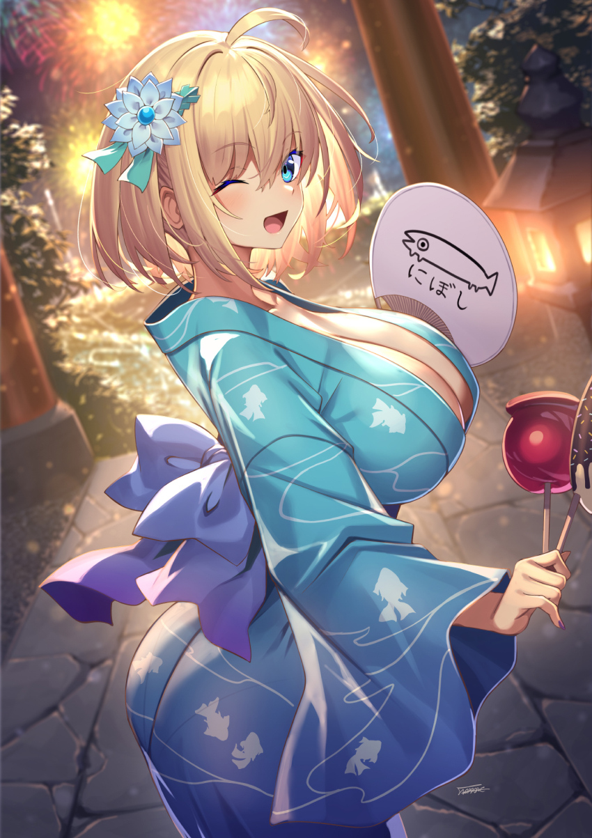 1girl ass blonde_hair blue_eyes breasts cleavage hand_fan highres japanese_clothes kimono large_breasts original paper_fan solo sophia_f_shirring takamine_nadare