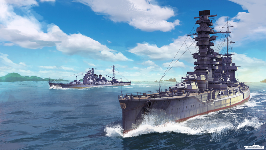 anti-aircraft anti-aircraft_gun atago_(cruiser) battleship cloud cruiser fusou_(battleship) heavy_cruiser highres imperial_japanese_navy island mast military_vehicle naval_guns navy no_humans ocean original ost02 outdoors range_finder rising_sun_flag ship ship_turret sky sunburst warship water watercraft waves world_war_ii