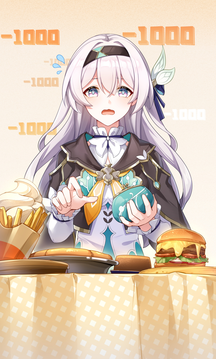 1girl absurdres bag black_coat black_headband burger butterfly_hair_ornament cake coat coin_purse counting dress firefly_(honkai:_star_rail) food french_fries gradient_background green_dress grey_hair hair_between_eyes hair_ornament hamilundenongdizhe headband highres holding holding_bag honkai:_star_rail honkai_(series) long_hair long_sleeves multicolored_dress nervous nervous_sweating open_mouth purple_eyes simple_background solo sweat sweatdrop table tablecloth white_dress