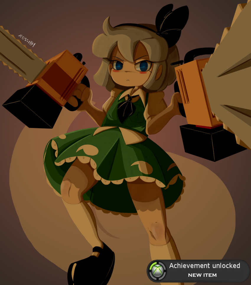 1girl blush bow chainsaw hair_bow highres holding holding_chainsaw konpaku_youmu konpaku_youmu_(ghost) looking_at_viewer ribbon rossi01 short_hair short_sleeves simple_background skirt solo touhou weapon