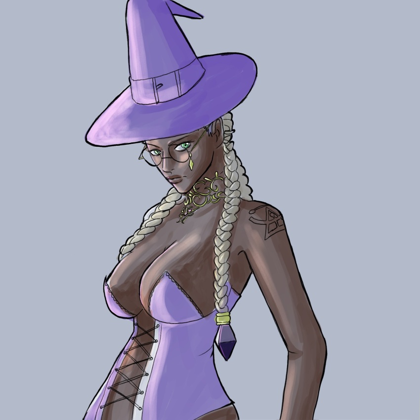 1girl bodypaint braid braided_ponytail breasts cleavage collar corset dark-skinned_female dark_skin dolores_(kof) female_focus fishnets gold green_eyes halloween halloween_costume hat helsic highres jewelry large_breasts lingerie long_hair multicolored_hair open_clothes purple_hair round_eyewear standing the_king_of_fighters two-tone_hair underwear white_hair witch_hat