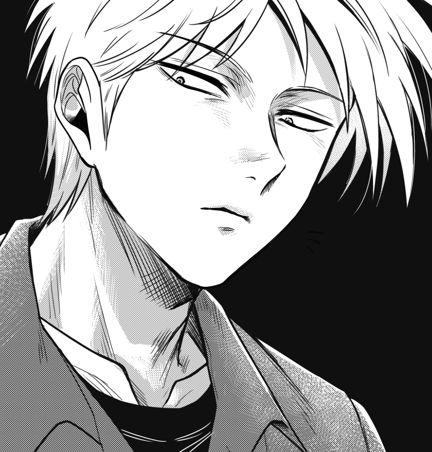 1boy akagi:_yami_ni_oritatta_tensai akagi_shigeru closed_mouth collarbone collared_shirt commentary_request expressionless fukumoto_mahjong greyscale highres looking_at_viewer male_focus monochrome niwatori_panda shirt short_hair simple_background solo undershirt upper_body