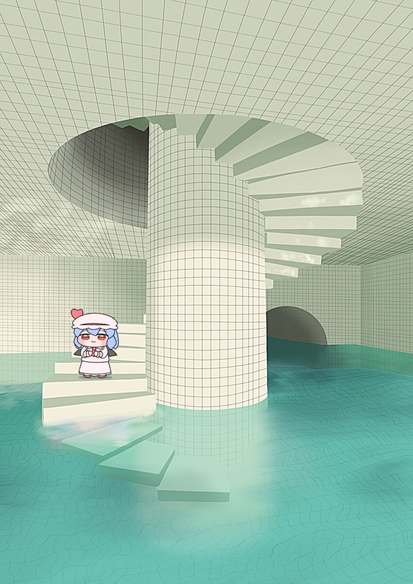 1girl :3 ascot backrooms_(creepypasta) bat_wings blue_hair chibi commentary_request dream_pool full_body hair_between_eyes hat hat_ribbon highres indoors liminal_space mob_cap pillar pink_hat pink_shirt pink_skirt red_ascot red_eyes remilia_scarlet ribbon shirt short_hair skirt solo stairs touhou water wide_shot wide_sleeves wings wrist_cuffs y75zei