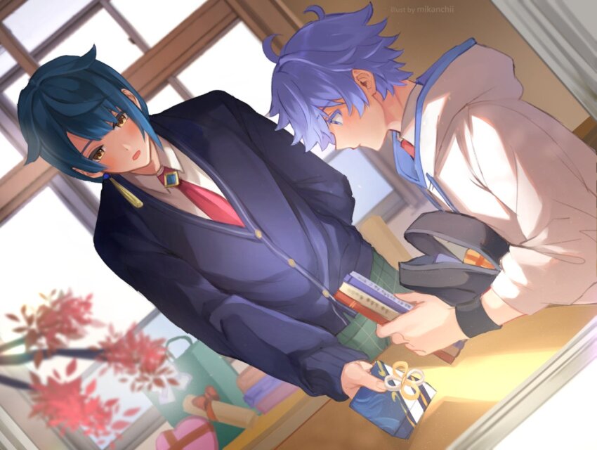 2boys ahoge arm_behind_back artist_name asymmetrical_hair backpack bag black_bag blue_cardigan blue_eyes blue_hair blush box branch cardigan chongyun_(genshin_impact) chongyun_(gigo)_(genshin_impact) classroom closed_mouth collared_shirt colored_eyelashes commentary curtains desk drawstring dutch_angle earrings english_commentary genshin_impact gift gift_bag gift_box green_pants hair_between_eyes heart-shaped_box holding holding_gift hood hood_down hoodie indoors jewelry light_particles long_sleeves male_focus mikanchii multiple_boys necktie official_alternate_costume open_mouth pants parted_bangs plaid_clothes plaid_pants profile red_necktie school_desk school_uniform shirt short_hair single_earring sitting sleeves_past_wrists sleeves_rolled_up standing tassel tassel_earrings white_hoodie white_shirt window wristband xingqiu_(genshin_impact) xingqiu_(gigo)_(genshin_impact) yellow_eyes