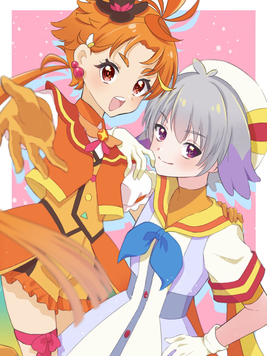 2boys beret blush brooch brown_hat closed_mouth cure_wing dress earrings gloves grey_hair hat highres hirogaru_sky!_precure jewelry light_smile magical_boy male_focus multicolored_dress multicolored_hat multiple_boys open_mouth orange_gloves orange_hair orange_shorts orange_undershirt orange_vest precure purple_eyes red_eyes shigen_pr shirt short_hair short_sleeves shorts toyama_daifuku vest white_shirt wing_brooch wonderful_precure! yellow_gloves yuunagi_tsubasa
