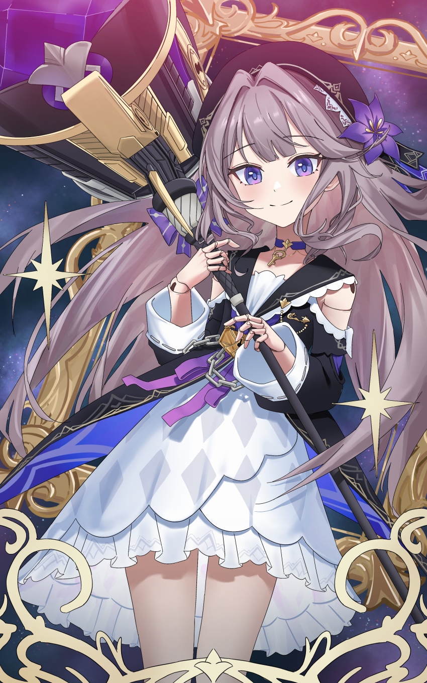 1girl absurdres aichry black_hat brown_hair choker closed_mouth clothing_cutout commentary cowboy_shot doll_joints dress floating_hair flower hammer hat hat_flower herta_(honkai:_star_rail) highres holding holding_hammer holding_weapon honkai:_star_rail honkai_(series) joints key key_choker lock long_hair looking_at_viewer picture_frame purple_choker purple_eyes purple_flower shoulder_cutout smile solo star_(sky) starry_sky_background war_hammer weapon white_dress wide_sleeves