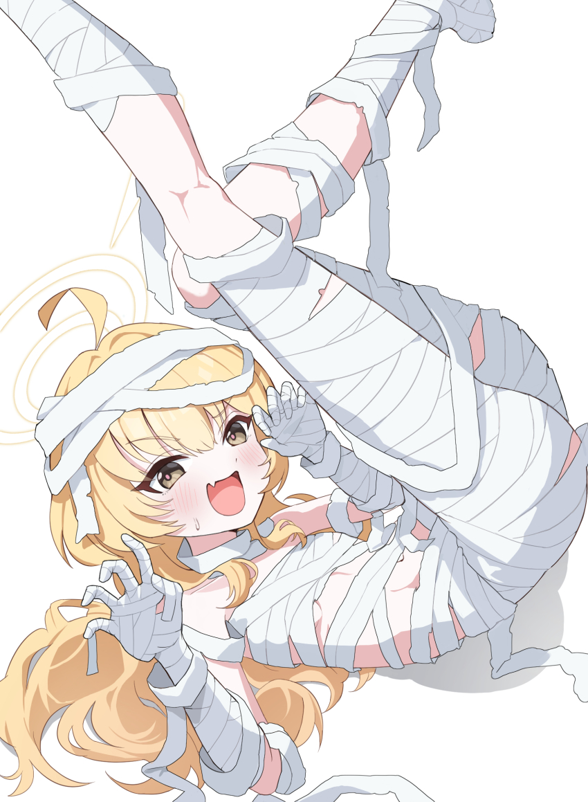 1girl :d ahoge ass bandaged_leg bandages blonde_hair blue_archive blush brown_eyes claw_pose commentary fang feet_out_of_frame flat_chest ginichu1003 hair_spread_out halloween_costume halo hands_up highres knees_together_feet_apart legs_up loli long_hair looking_at_viewer lying mummy_costume naked_bandage official_alternate_costume official_alternate_hairstyle on_back open_mouth pink_pupils simple_background skin_fang smile solo sweatdrop v-shaped_eyebrows very_long_hair white_background yellow_halo yoshimi_(blue_archive) yoshimi_(halloween)_(blue_archive)