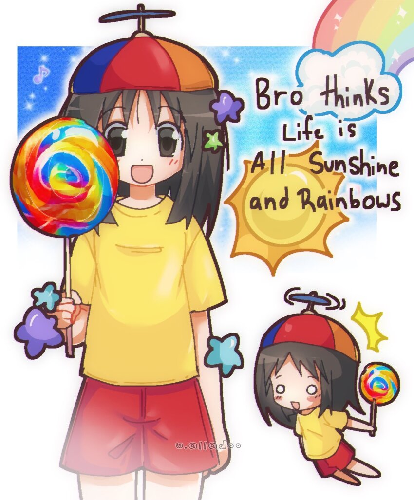 artist_request azumanga_daiou blush brown_eyes brown_hair candy chibi cloud commentary english_commentary flying food happy hat highres kasuga_ayumu lollipop long_hair looking_at_viewer musical_note open_mouth propeller_hat rainbow red_shorts shirt shorts standing sun swirl_lollipop tagme w_alladoo yellow_shirt