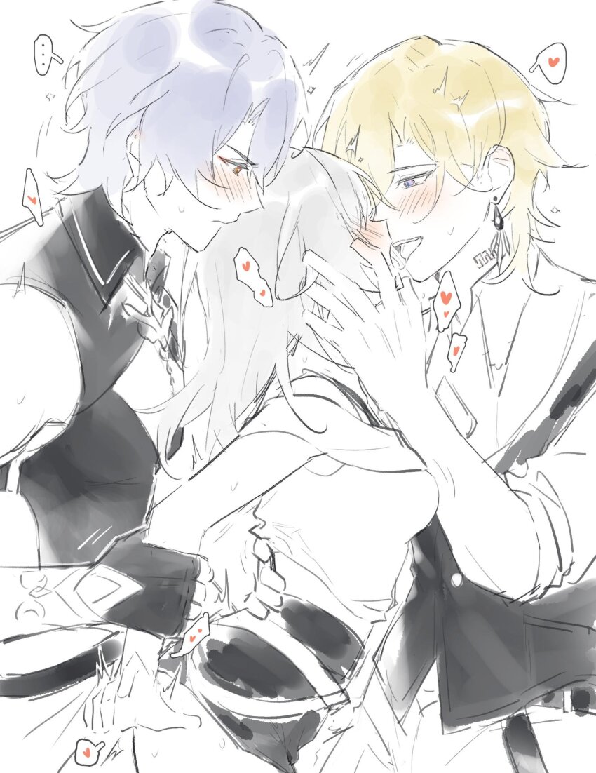 ... 1girl 2boys annann_nna arm_held_back aventurine_(honkai:_star_rail) black_gloves black_shirt black_skirt black_vest blonde_hair blush clothed_sex dr._ratio_(honkai:_star_rail) earrings eyeliner french_kiss furrowed_brow gloves grey_hair group_sex hand_on_another&#039;s_arm hand_on_another&#039;s_waist heart hetero highres honkai:_star_rail honkai_(series) jewelry kiss makeup mmf_threesome multicolored_eyes multiple_boys neck_tattoo partially_colored pectoral_cleavage pectorals purple_hair red_eyeliner saliva sex sex_from_behind shirt skirt spade_cutout stelle_(honkai:_star_rail) sweat tattoo threesome trailblazer_(honkai:_star_rail) two-tone_eyes vest white_background white_shirt