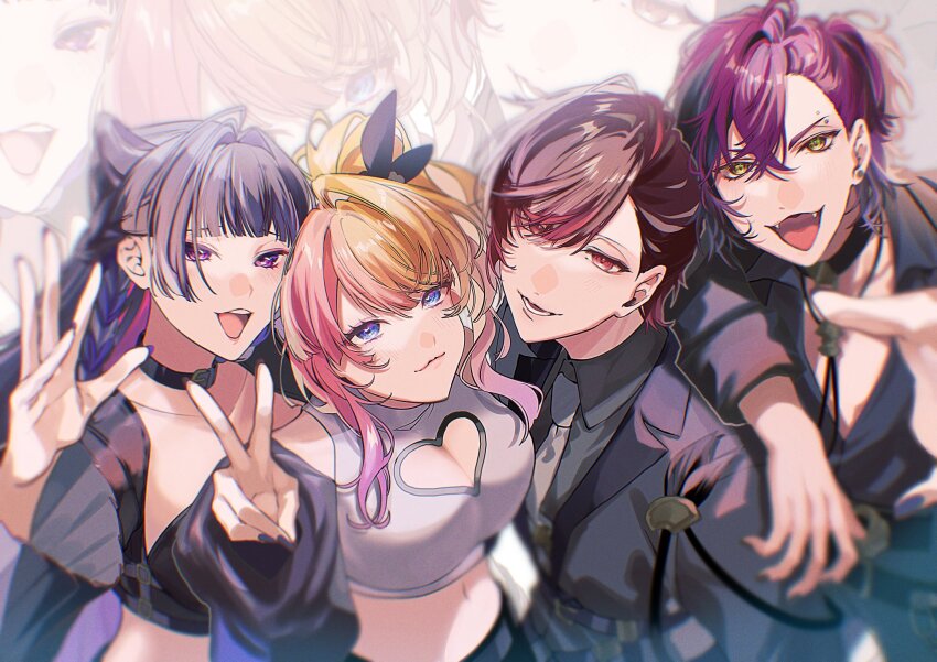 2boys 2girls :3 :d ahoge arm_on_another&#039;s_shoulder arm_up belt belt_buckle black_belt black_choker black_hair black_jacket black_nails black_ribbon black_shirt black_shrug blonde_hair blue_eyes blunt_bangs blush braid breasts buckle choker cleavage closed_mouth clothing_cutout collarbone commentary crop_top crossed_bangs doppio_dropscythe earrings eyebrow_piercing eyelashes face_piercing fangs fingernails gradient_hair grey_hair grey_shirt hair_between_eyes hair_intakes hair_ribbon hand_up heart_cutout high_ponytail highres jacket jewelry kaburagi_(pnoir087) kotoka_torahime lapels large_breasts long_fingernails long_hair long_sleeves looking_at_viewer lower_teeth_only meloco_kyoran midriff multicolored_hair multiple_boys multiple_girls nail_polish navel necktie nijisanji nijisanji_en off_shoulder open_clothes open_jacket open_mouth parted_bangs piercing pink_hair ponytail purple_eyes purple_hair purple_nails red_eyes red_hair ribbon shirt short_hair shrug_(clothing) sleeveless sleeveless_shirt smile stomach streaked_hair symbol-only_commentary teeth upper_teeth_only v v-shaped_eyebrows ver_vermillion very_long_hair virtual_youtuber white_background white_necktie white_shirt wing_collar xsoleil yellow_eyes zoom_layer