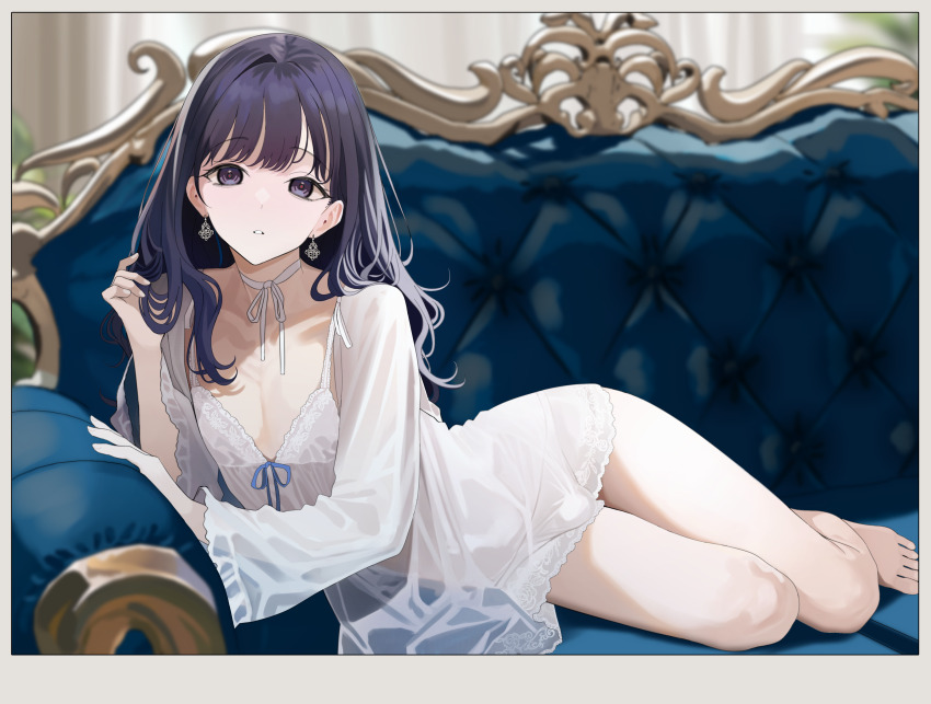 1boy absurdres bare_legs barefoot bulge choppy_bangs couch crossdressing crossdressing_(mtf) curtains dress earrings full_body highres jewelry long_hair looking_at_viewer lying neck_ribbon on_couch on_side original parted_lips plant potted_plant purple_hair ribbon see-through_clothes see-through_dress trap turisasu wavy_hair white_dress white_nails white_ribbon