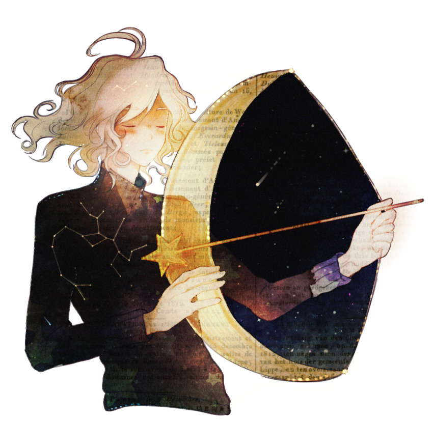 1boy ahoge arrow_(projectile) black_sweater bow_(weapon) closed_eyes closed_mouth commentary constellation constellation_print crescent drawing_bow english_commentary frown holding holding_bow_(weapon) holding_wand holding_weapon hoshi-pan light_blush male_focus night night_sky original sagittarius_(constellation) shooting_star short_hair sky solo star_(sky) star_(symbol) star_wand sweater transparent_background turtleneck turtleneck_sweater upper_body wand wavy_hair weapon white_hair
