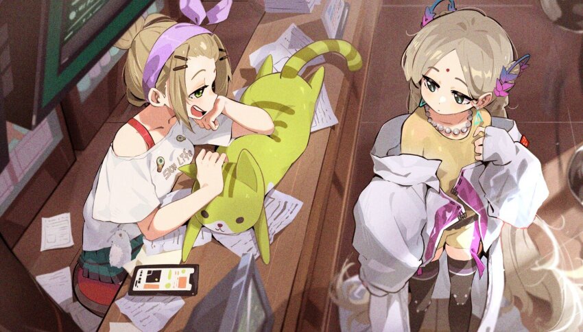 2girls artist_request bangs_pinned_back blonde_hair blush coat commission counter hair_bun heaven_burns_red indoors jewelry leotard long_hair long_sleeves multiple_girls ooshima_yotsuha second-party_source skirt stool stuffed_toy thighhighs vritika_balakrishnan white_coat
