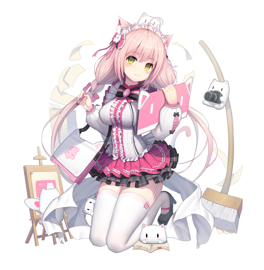 1girl ahoge animal animal_ear_fluff animal_ears bcy black_bow black_shoes black_skirt blush book bookmark bow breasts broom camera cat cat_ears cat_girl cat_tail center_frills circle_skirt closed_mouth commentary drawing_tablet easel female_focus frills full_body garter_straps hair_between_eyes high_heels highres holding holding_camera holding_drawing_tablet holding_stylus kneeling large_breasts layered_skirt long_hair long_sleeves low_twintails open_book original paper_stack pink_hair pink_skirt pleated_skirt puffy_long_sleeves puffy_sleeves rorinya shirt shoes simple_background skirt smile solo stylus tail thighhighs twintails very_long_hair white_background white_shirt white_thighhighs yellow_eyes