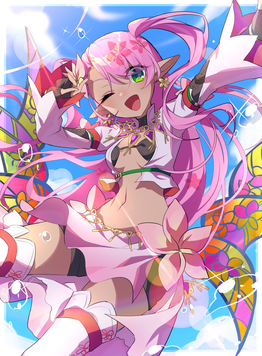 1girl absurdres black_bow black_shorts blue_sky boots border bow breasts bubble character_request cloud cowboy_shot cropped_jacket floral_print flower green_eyes highres jacket kozakura_(dictionary) long_hair looking_at_viewer one_eye_closed open_mouth outdoors pink_flower pink_hair pink_skirt pointy_ears puzzle_&amp;_dragons shading_eyes shorts shorts_under_skirt skirt sky small_breasts smile solo stomach thigh_boots twintails very_long_hair white_boots white_jacket