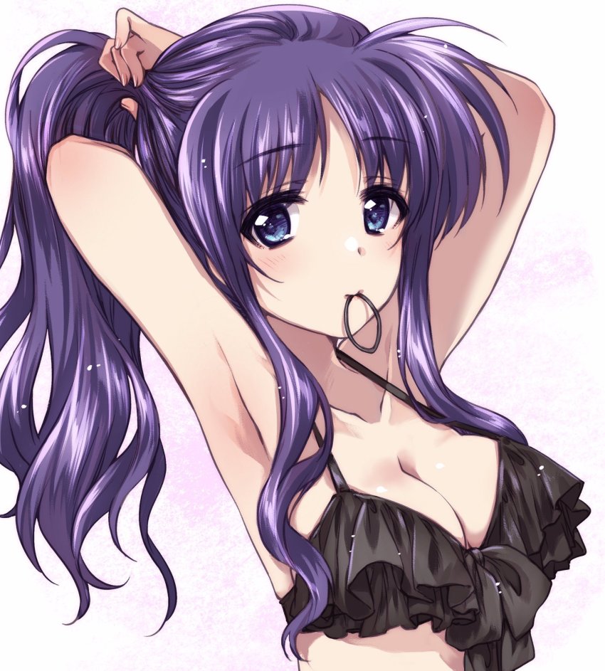 1girl armpits arms_up bikini black_bikini blue_eyes bow bow_bikini breasts cleavage frilled_bikini frills hair_tie highres kuroi_mimei long_hair lyrical_nanoha mahou_shoujo_lyrical_nanoha_strikers medium_breasts ponytail purple_hair sidelocks solo swimsuit tsukimura_suzuka tying_hair