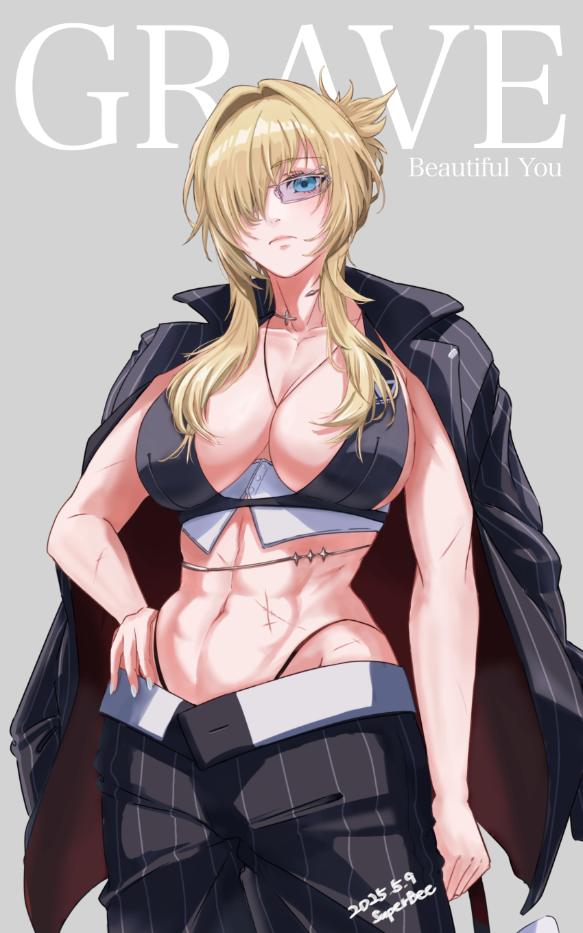 1girl abs absurdres bag bikini black_bikini black_jacket black_pants blonde_hair blue_eyes breasts character_name cleavage closed_mouth collar collarbone commentary cowboy_shot dated formal_clothes glasses goddess_of_victory:_nikke grave_(beautiful_you)_(nikke) grave_(nikke) groin hair_between_eyes hand_on_own_hip highleg highleg_bikini highres holding holding_bag jacket jacket_on_shoulders large_breasts long_hair looking_at_viewer lowleg metal_collar multiple_scars navel necklace_between_breasts official_alternate_costume pants pinstripe_jacket pinstripe_pants pinstripe_pattern pinstripe_suit ponytail scar scar_on_stomach short_ponytail sidelocks signature solo standing stomach suit super_bee swimsuit