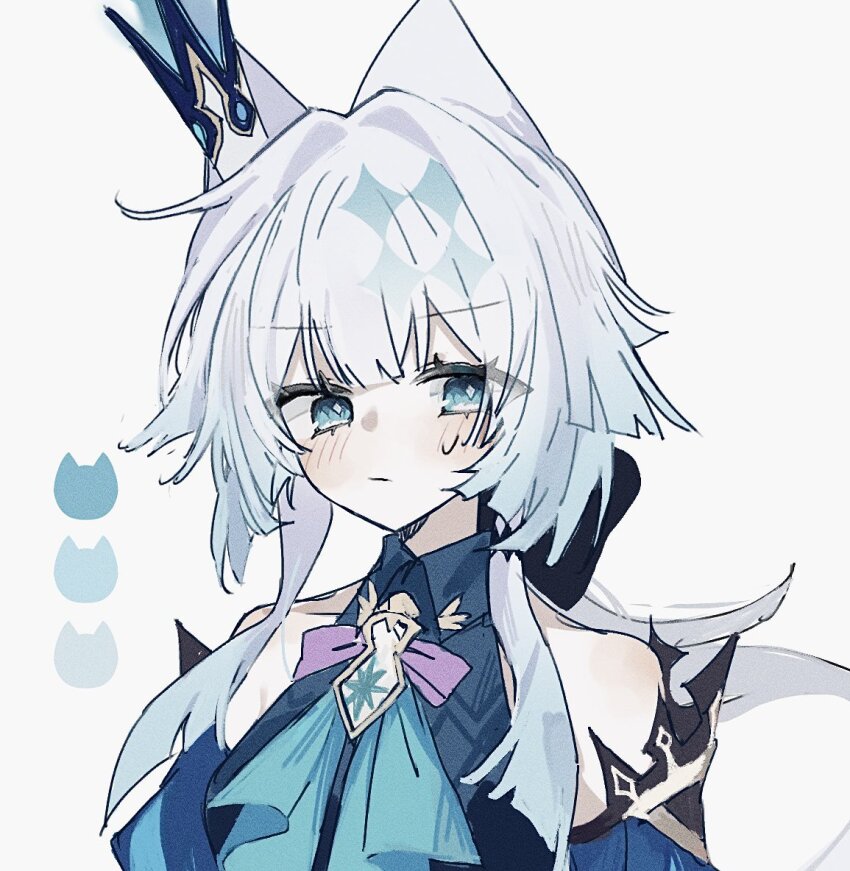 1girl :/ animal_ears ascot blue_ascot blue_eyes blue_shirt blue_sleeves cat_ears cerydra_(honkai:_star_rail) closed_mouth crown detached_sleeves diamond-shaped_pupils diamond_(shape) hair_flaps hair_intakes honkai:_star_rail honkai_(series) hyb_muyuu kemonomimi_mode light_blush looking_at_viewer mini_crown shirt short_hair_with_long_locks simple_background sleeveless sleeveless_shirt small_sweatdrop solo symbol-shaped_pupils upper_body white_background