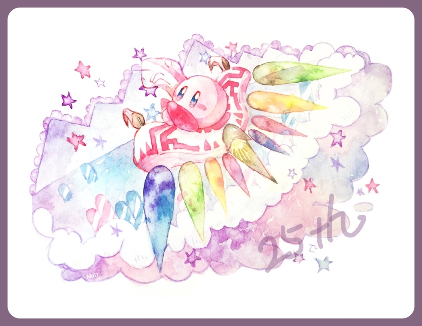 anniversary blue_eyes blush_stickers border bright_pupils cloud dragoon_(kirby) kirby kirby_(series) nintendo no_humans non_(kumakawayusu) painting_(medium) purple_border riding sitting solo star_(symbol) traditional_media watercolor_(medium) white_background white_pupils
