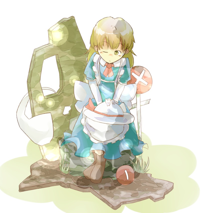 1girl apron azana blonde_hair boots dress elbow_gloves female_focus ghost gloves hat highres hitodama kana_anaberal one_eye_closed phantasmagoria_of_dim.dream ribbon short_hair sign signal sitting smile solo touhou touhou_(pc-98) yellow_eyes