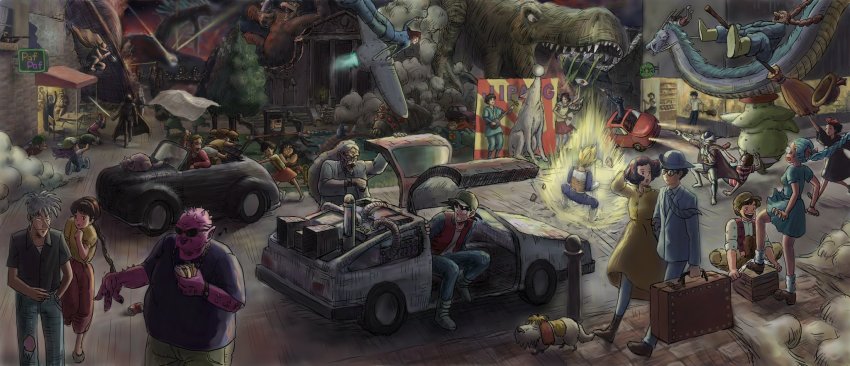 1st_form_frieza 6+boys 6+girls akagi:_yami_ni_oritatta_tensai ashitaka awning back_to_the_future baseball_cap braid brown_hair bulma car cat chair character_request child colored_skin cosplay crossover darth_vader delorean dinosaur dodoria dola_(laputa) dr._gero_(dragon_ball) dr._slump dragon dragon_ball dragonball_z dress eastern_dragon emmett_brown emmett_brown_(cosplay) energy_sword fat fat_man frieza fukumoto_mahjong full_body gullwing_doors hammar_dobucof hat highres horikoshi_jirou kaonashi kaze_tachinu kusakabe_mei kusakabe_satsuki lightsaber long_hair male_focus marty_mcfly marty_mcfly_(cosplay) mononoke_hime motor_vehicle multiple_boys multiple_crossover multiple_girls norimaki_arale norimaki_gajira on_floor on_ground oozaru outdoors pants pazu pink_skin pointy_nose road san_(mononoke_hime) satomi_naoko sen_to_chihiro_no_kamikakushi sett sheeta shenron_(dragon_ball) shoes short_sleeves sitting son_goku star_wars street sunglasses super_saiyan suppaman sword table tenkuu_no_shiro_laputa tonari_no_totoro twin_braids tyrannosaurus_rex vegeta walking weapon wolf yajirobe