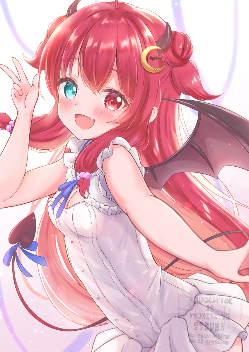 1girl absurdres ahoge bat_hair_ornament blush breasts brown_wings cleavage crescent crescent_hair_ornament demon demon_girl demon_horns demon_tail demon_wings fang hair_ornament heterochromia highres horns long_hair matcha_november nijisanji red_hair skin_fang tail two_side_up very_long_hair virtual_youtuber wings yuzuki_roa