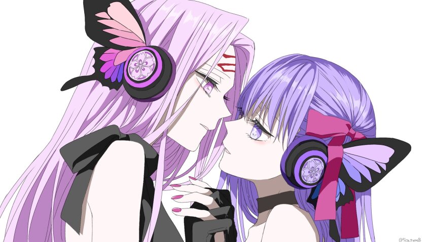 2girls 5ca_typeb artist_name black_bow black_choker bow bug butterfly butterfly_wings cherry_blossom_print choker curtained_hair expressionless eye_contact face-to-face facial_mark fate/stay_night fate_(series) fingernails floral_print forehead_mark from_side hair_ribbon headphones height_difference highres holding_hands insect insect_wings interlocked_fingers long_eyelashes long_hair looking_at_another magnet_(vocaloid) matou_sakura medusa_(fate) medusa_(rider)_(fate) multiple_girls nail_polish parted_lips pink_butterfly pink_nails pink_ribbon portrait profile purple_butterfly purple_eyes purple_hair ribbon simple_background twitter_username white_background wings yuri