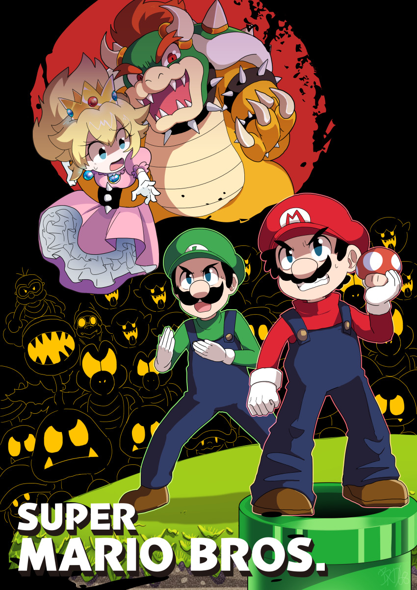 1girl 3boys absurdres angry black_hair blonde_hair blue_eyes boo_(mario) bowser breasts brothers buzzy_beetle claws crown dress evil_grin evil_smile facial_hair ghost glasses gloves glowing glowing_eyes goomba grin hat highres horns industrial_pipe kamek kidnapped koopa_troopa lakitu luigi mario mario_(series) multiple_boys mustache nintendo overalls pink_dress piranha_plant princess_peach red_hair serious siblings smile super_mario_bros._1 super_mario_bros._3 super_mario_world super_mushroom sweat warp_pipe