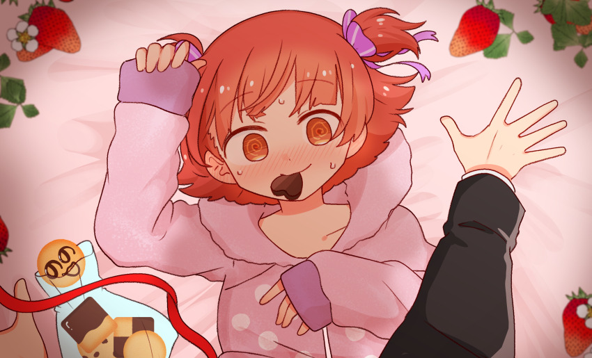 1boy 1girl @_@ bed_sheet biting black_jacket blunt_bangs blush breasts candy chocolate chocolate_heart closed_mouth collarbone cookie ear_blush flipped_hair food formal_clothes fruit hair_ribbon heart heart-shaped_food highres hood hoodie idolmaster idolmaster_million_live! idolmaster_million_live!_theater_days jacket lying nonohara_akane on_back on_bed orange_eyes orange_hair pink_hood pink_hoodie pov pov_hands purple_ribbon ribbon short_hair sleeves_past_wrists small_breasts solo strawberry suit sweat two_side_up upper_body uwkpt