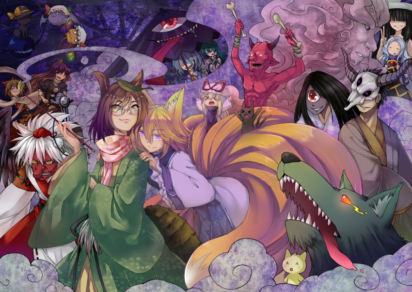&gt;_&lt; 3boys 6+girls ^_^ alternate_eye_color alternate_hair_color animal_ears animal_print animalization bandages beichen_xiaobei bicycle biting black_dress black_hair black_sclera black_wings blonde_hair blue_hair blush bone brown_hair checkered_clothes checkered_scarf chen chen_(cat) chibi closed_eyes cloud colored_sclera detached_sleeves dress earrings eyebrows eyes_visible_through_hair feathered_wings flandre_scarlet flandre_scarlet_(bat) floral_print flower flower_on_head fox_ears fox_tail frog_hair_ornament funamusea futatsuiwa_mamizou glowing glowing_eyes gradient_hair green_hair grin hair_ornament hair_over_eyes hair_tubes hand_on_shoulder hasshaku-sama hat hat_ribbon highres hijiri_byakuren holding_own_arm hood hood_down horns japanese_clothes japanese_urban_legends jewelry karakasa_obake kimono kochiya_sanae komeiji_koishi kumoi_ichirin leaf leaf_on_head leaning_forward long_hair long_sleeves looking_at_viewer mask mob_cap mogeko_(funamusea) mogeko_castle multicolored_hair multiple_boys multiple_girls multiple_tails muscular no_eyes no_headwear nose oni open_mouth pointy_ears puffy_short_sleeves puffy_sleeves purple_eyes purple_hair raccoon_ears raccoon_tail red_eyes remilia_scarlet remilia_scarlet_(bat) ribbon ribbon-trimmed_clothes ribbon_trim ring saliva scarf shaded_face shameimaru_aya sharp_teeth shawl short_hair short_sleeves single_eye sleeves_rolled_up slit_pupils smile smoke smoking_pipe snake_hair_ornament sweat tabard tail tatara_kogasa teeth tengu third_eye tiger_print tokin_hat tongue toramaru_shou touhou turtleneck two_tails umbrella unzan very_long_hair vest white_dress white_hair wide_sleeves wings wolf yakumo_ran yakumo_yukari yellow_eyes