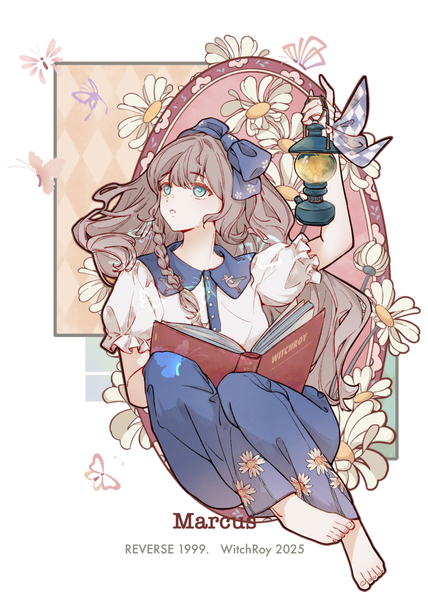 1girl :o alternate_costume arm_up artist_name blue_bow blue_eyes blue_pants book book_on_lap bow brown_hair character_name collared_shirt copyright_name flower full_body hair_bow hand_up highres holding holding_lantern lantern long_hair looking_to_the_side marcus_(reverse:1999) open_book pants puffy_short_sleeves puffy_sleeves reverse:1999 shirt short_sleeves sitting solo too_many_flowers white_background white_flower white_shirt ya_(witchroy)