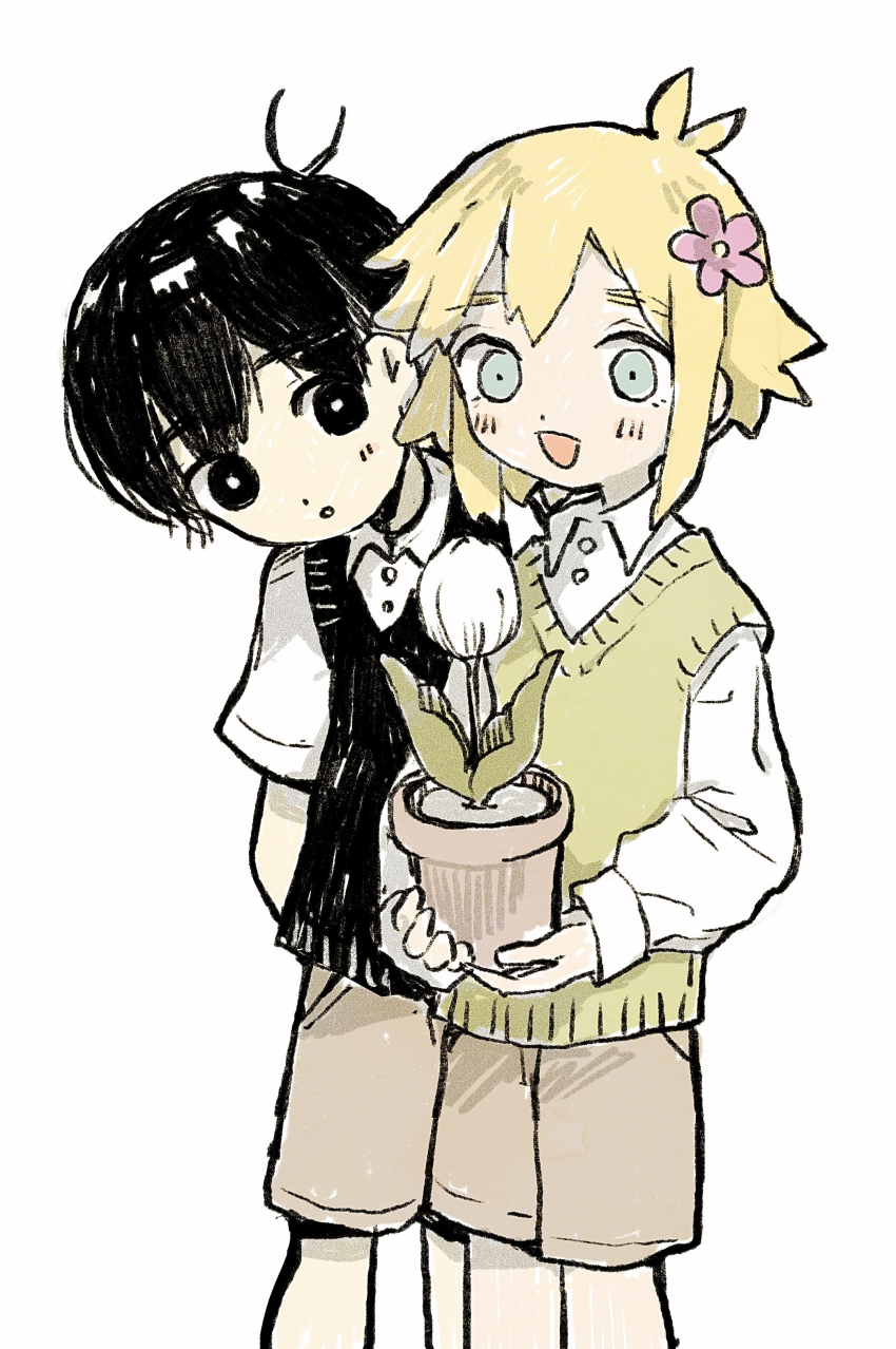 2boys absurdres alternate_sleeve_length antenna_hair basil_(faraway)_(omori) basil_(omori) black_eyes black_hair brown_shorts closed_mouth collared_shirt epipoxyp flower flower_pot green_sweater_vest highres holding holding_flower_pot long_sleeves looking_at_viewer male_focus multiple_boys omori open_mouth plant potted_plant shirt short_hair shorts simple_background sunny_(omori) sweater_vest tulip white_background white_flower white_shirt white_tulip