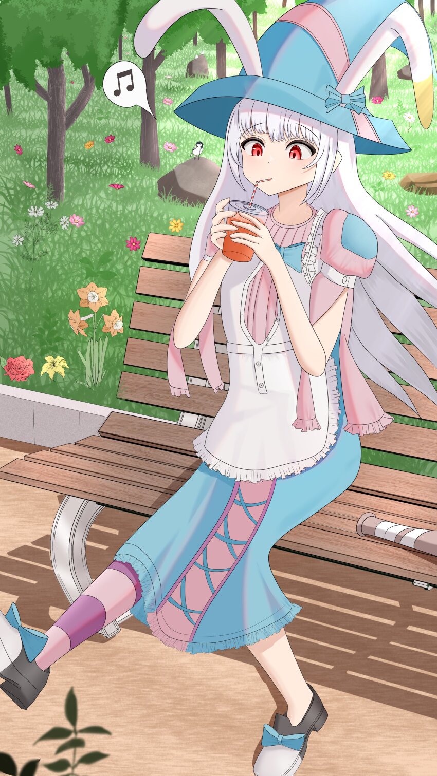 1girl absurdres ai_to_yuuki_to_kashiwamochi animal_ears ao_oni apron baseball_bat bench club club_(weapon) crossover cup drink flower funamusea genre_connection grass hat highres irisu_kyouko irisu_shoukougun! long_hair mogeko_castle multiple_crossover nail nail_(hardware) nail_bat park park_bench patch rabbit_ears red_eyes shapes solo spiked_club square triangle unworn_thighhighs weapon white_hair witch_hat yissou_art