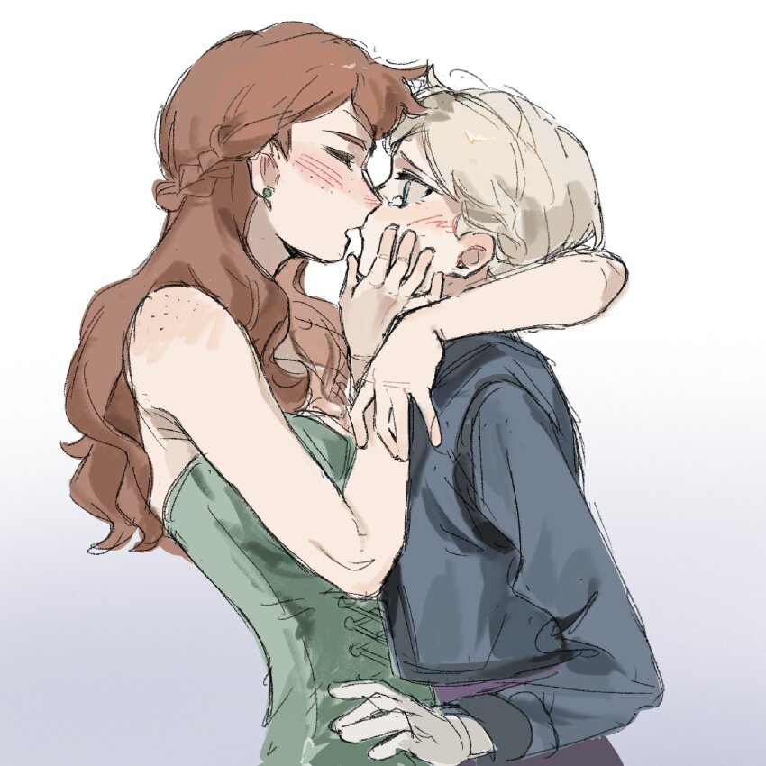 2girls anna_(frozen) arm_around_neck bare_arms black_shirt blonde_hair blue_eyes blush braid chinese_commentary closed_eyes commentary_request corset earrings elsa_(frozen) freckles frozen_(disney) gloves gradient_background green_corset grey_background half_up_braid highres incest jewelry long_hair long_sleeves multiple_girls orange_hair shirt siblings sisters stud_earrings tears white_background white_gloves xuanqing227 yuri