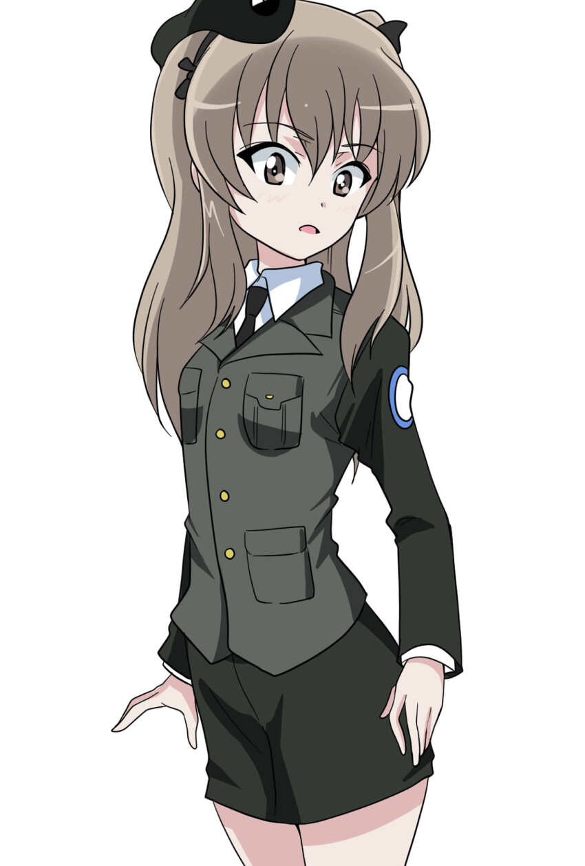 1girl adapted_costume beret black_hat black_necktie black_ribbon black_skirt black_sleeves collared_shirt girls_und_panzer grey_eyes grey_hair grey_jacket hair_ribbon hat highres jacket long_hair long_sleeves looking_at_viewer necktie one_side_up open_mouth pencil_skirt ribbon selection_university_military_uniform shimada_arisu shirt skirt wakku_kan white_background white_shirt