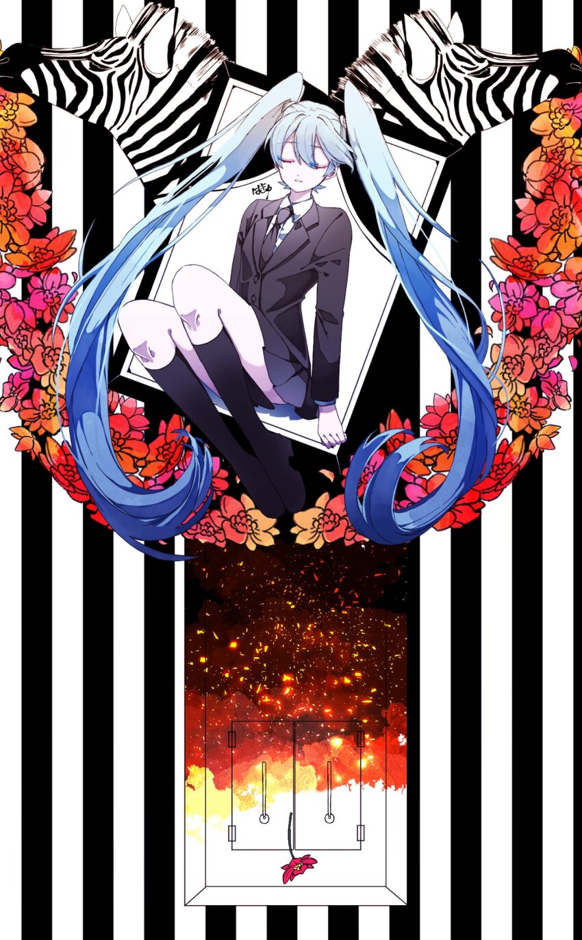1girl aqua_hair arms_at_sides black_necktie black_skirt black_socks black_suit blue_hair closed_eyes coffin collared_shirt commentary dress_suit eiku embers flat_chest flower formal_clothes framed hatsune_miku highres iei kneehighs knees_up long_hair miniskirt necktie parted_lips red_flower revision saihate_(vocaloid) school_uniform shirt signature sitting skirt smoke socks solo striped_background suit through_photo twintails very_long_hair vocaloid zebra