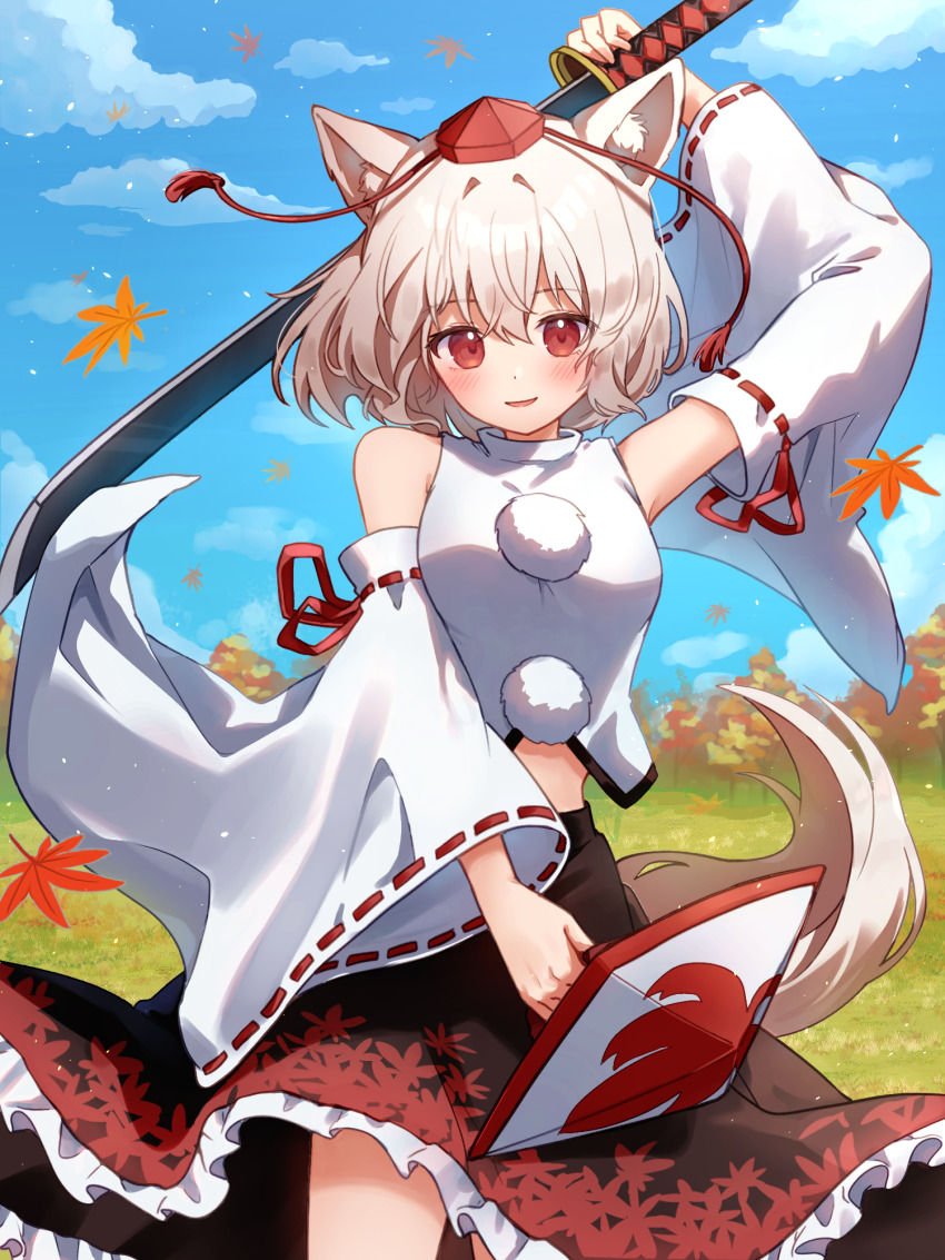 1girl animal_ear_fluff animal_ears autumn_leaves black_skirt blue_sky blush cloud commentary_request day detached_sleeves falling_leaves grey_hair hat highres holding holding_shield holding_sword holding_weapon inubashiri_momiji leaf leaf_print looking_at_viewer maple_leaf_print midriff multicolored_skirt nene_man open_mouth outdoors pom_pom_(clothes) red_eyes red_hat red_skirt ribbon-trimmed_sleeves ribbon_trim shield shield_print shirt skirt sky sleeveless sleeveless_shirt smile solo sword tail tokin_hat touhou unsheathed weapon white_shirt wolf_ears wolf_girl wolf_tail