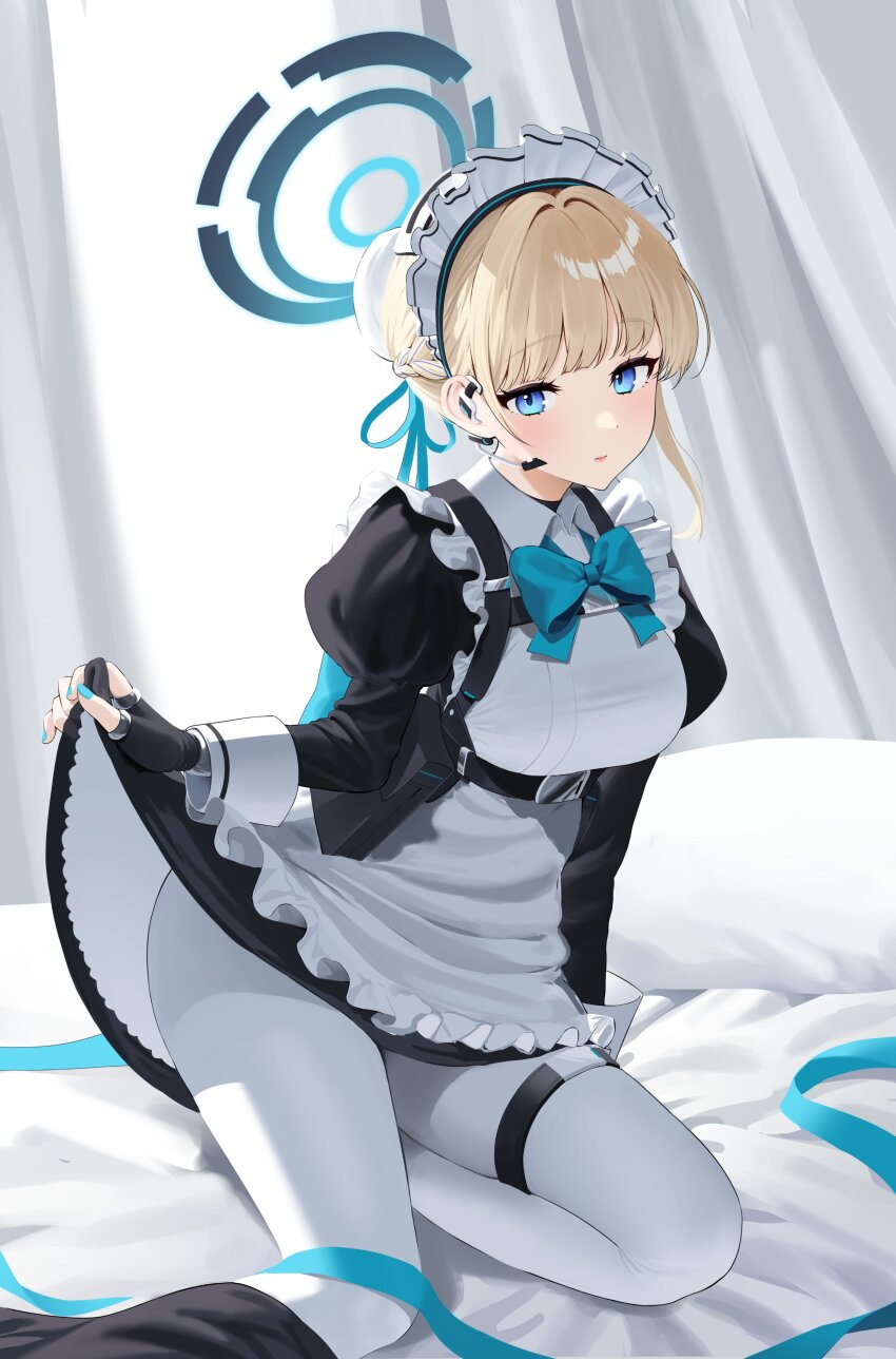 1girl absurdres apron ayoni_623 black_dress black_gloves blonde_hair blue_archive blue_bow blue_bowtie blue_eyes blue_hair blue_nails blue_ribbon bow bowtie braid breasts bun_cover chest_harness clothes_lift dress dress_lift earpiece fingerless_gloves frilled_apron frills gloves hair_bun hair_ribbon half_up_braid halo harness highres indoors juliet_sleeves lifting_own_clothes long_sleeves looking_at_viewer maid_apron maid_headdress medium_breasts multicolored_hair nail_polish on_bed pantyhose pillow puffy_sleeves ribbon short_hair single_hair_bun sitting solo streaked_hair thigh_strap toki_(blue_archive) white_apron white_curtains white_pantyhose