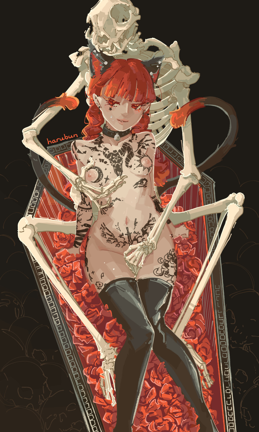 1girl absurdres animal_collar animal_ears animal_skeleton baphomet_(mythology) black_background black_thighhighs braid breast_tattoo breasts cat_ears chest_tattoo coffin collar crescent_tattoo ear_piercing flower grabbing_another&#039;s_breast groping haru_bun highres inverted_cross_earrings kaenbyou_rin multiple_tails nekomata nipples pentagram_tattoo piercing pubic_tattoo red_eyes red_flower red_hair red_rose rose skeleton skull_tattoo small_breasts smug snake_tattoo star_tattoo stomach_tattoo sword_tattoo tail tattoo thighhighs touhou twin_braids two_tails variant_set