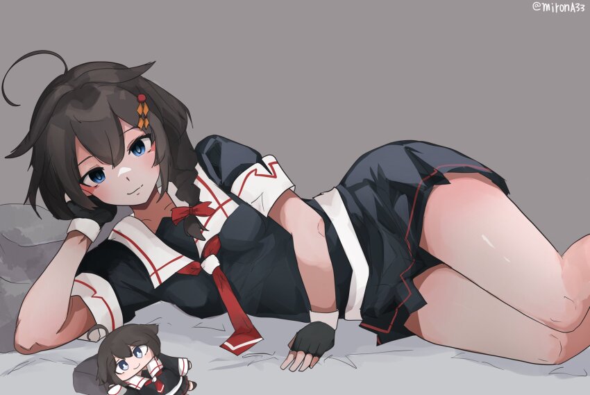 2girls ahoge black_gloves black_hair black_serafuku black_shirt black_skirt blue_eyes braid chibi dual_persona feet_out_of_frame fingerless_gloves gloves hair_flaps hair_over_shoulder highres kantai_collection long_hair lying mini_person minigirl miron_(mirona33) multiple_girls neckerchief on_side pleated_skirt red_neckerchief sailor_collar sailor_shirt school_uniform serafuku shigure_(kancolle) shigure_kai_ni_(kancolle) shirt single_braid skirt white_sailor_collar