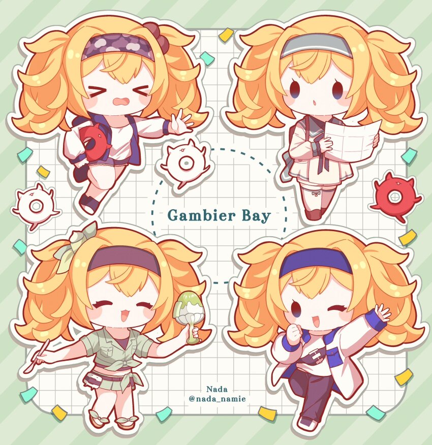 &gt;_&lt; 1girl bag blonde_hair blush character_name chibi closed_eyes confetti dress enemy_lifebuoy_(kancolle) food gambier_bay_(kancolle) gambier_bay_(sasebo)_(kancolle) gambier_bay_(saury_festival)_(kancolle) gambier_bay_(summer)_(kancolle) hairband highres holding holding_map holding_spoon ice_cream jacket kantai_collection long_hair long_sleeves map map_(object) multiple_views nada_namie official_alternate_costume open_clothes open_jacket open_mouth pants sailor_collar sailor_dress shorts skirt spoon thighhighs twintails white_thighhighs