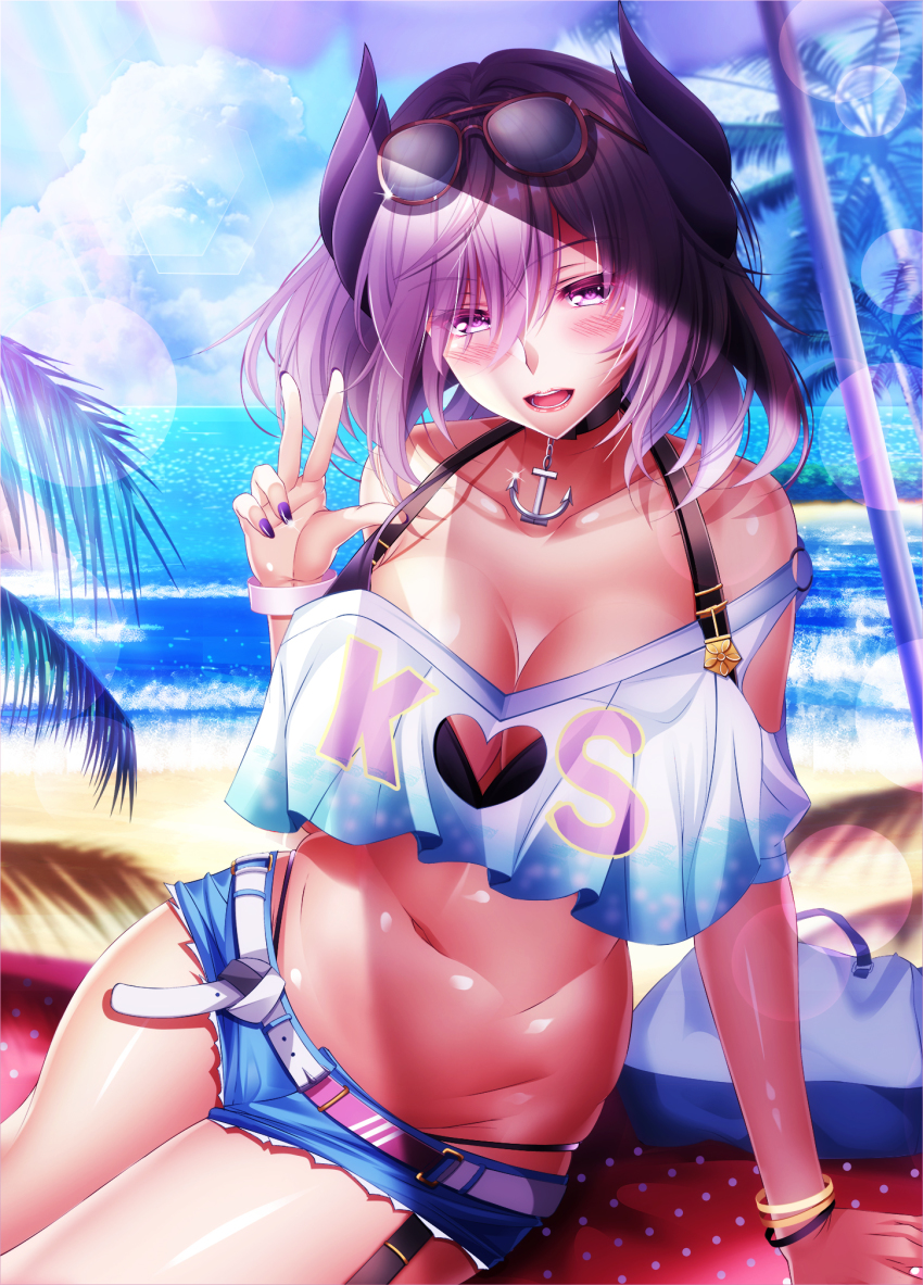anchor_necklace azur_lane beach belt bracelet breasts cleavage collarbone commentary_request commission day denim denim_shorts eyewear_on_head hair_between_eyes halterneck highleg highleg_one-piece_swimsuit highres jewelry kirishima_(azur_lane) kirishima_(summery_audacity)_(azur_lane) large_breasts lens_flare looking_at_viewer medium_hair nail_polish navel necklace ocean official_alternate_costume one-piece_swimsuit open_mouth outdoors palm_tree pixiv_commission purple_eyes purple_hair shiny_skin shirt shorts sky smile solo sunglasses swimsuit tree white_shirt yuuzuki_hijiri
