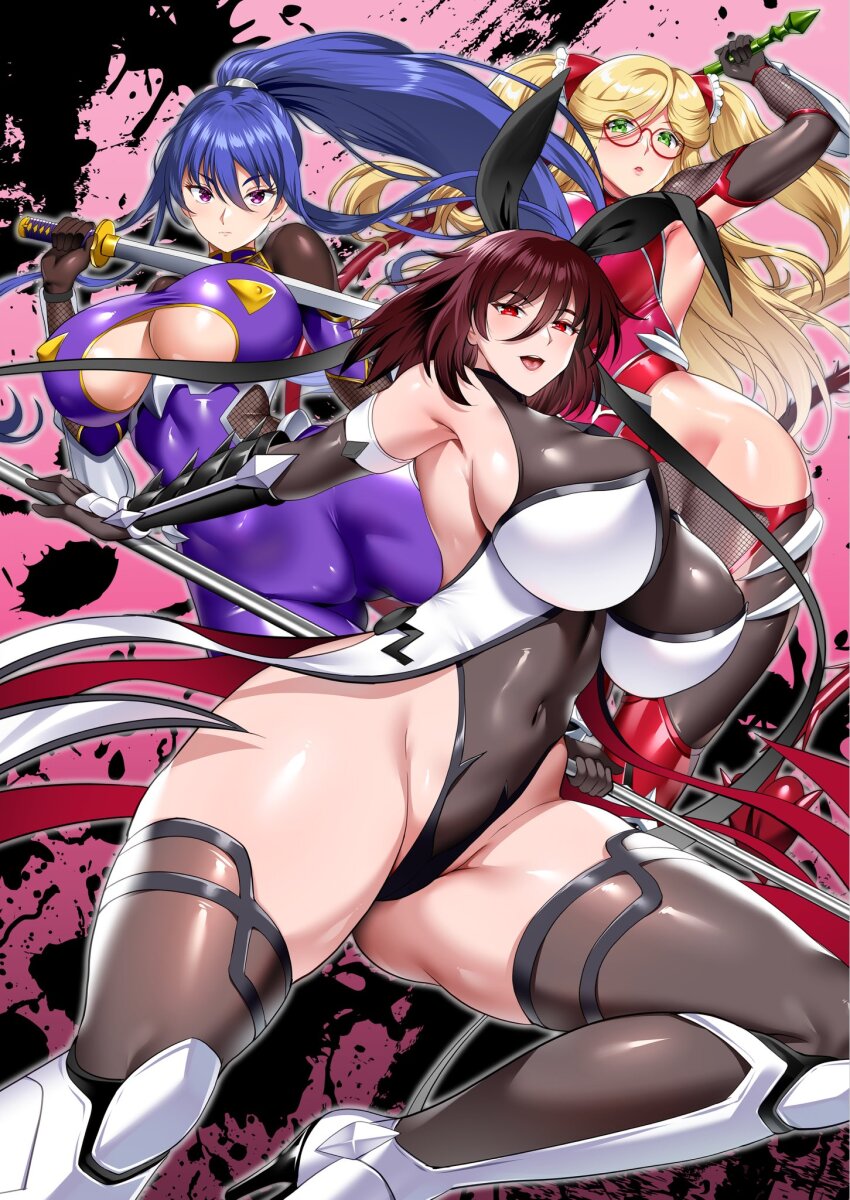 3girls akiyama_rinko arm_guards arm_up armored_boots armpits bare_shoulders blonde_hair blue_hair blush bodysuit boots bouncing_breasts breasts brown_gloves brown_hair cleavage closed_mouth clothing_cutout covered_erect_nipples covered_navel curvy elbow_gloves fishnets floating_hair flower foot_out_of_frame gauntlets glasses gloves green_eyes grey_leotard hair_between_eyes hair_ribbon high_ponytail highleg highleg_leotard highres holding holding_sword holding_weapon hozumi_kenji huge_breasts impossible_bodysuit impossible_clothes impossible_leotard jumping katana kosaka_shizuru large_breasts leotard long_hair looking_at_viewer mizuki_shiranui multiple_girls ponytail purple_bodysuit purple_eyes red_bodysuit red_eyes ribbon shiny_clothes shiny_skin skin_tight skindentation smile sword taimanin_(series) taimanin_rpgx taimanin_suit taimanin_yukikaze thighhighs thighs thong_leotard twintails two_side_up underboob underboob_cutout weapon whip wide_hips